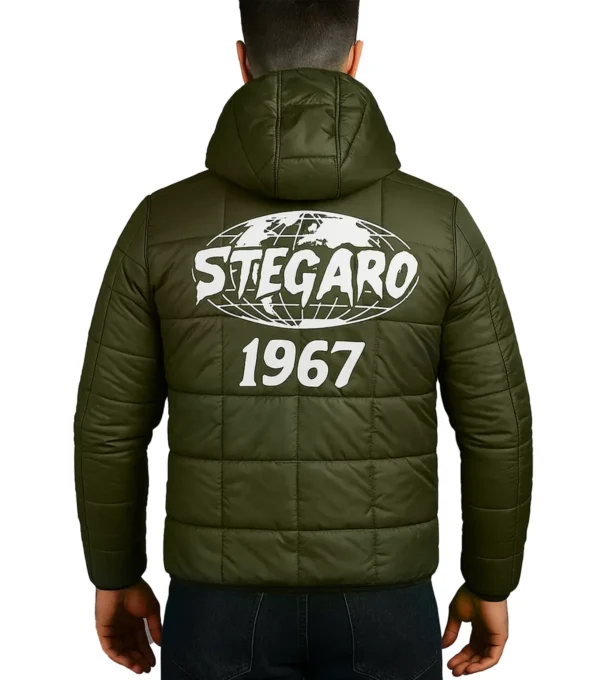 Olive Puffer Hooded Jacket Back Look