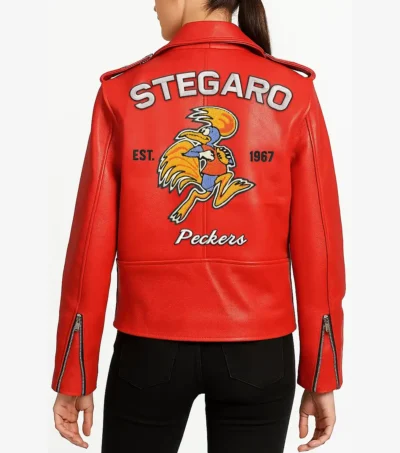 Peckers 1967 Red Leather Biker Jacket Back Look