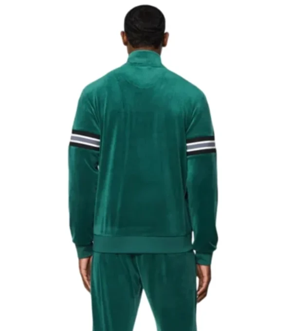 Quarlen Green Velvet Zipper Bomber Jacket Back Look