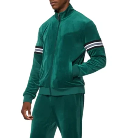 Quarlen Green Velvet Zipper Bomber Jacket Side Look