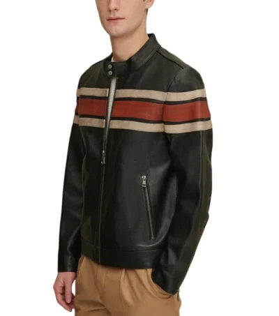 Raverno Black Leather with Tan and Red Striped Jacket Side Look