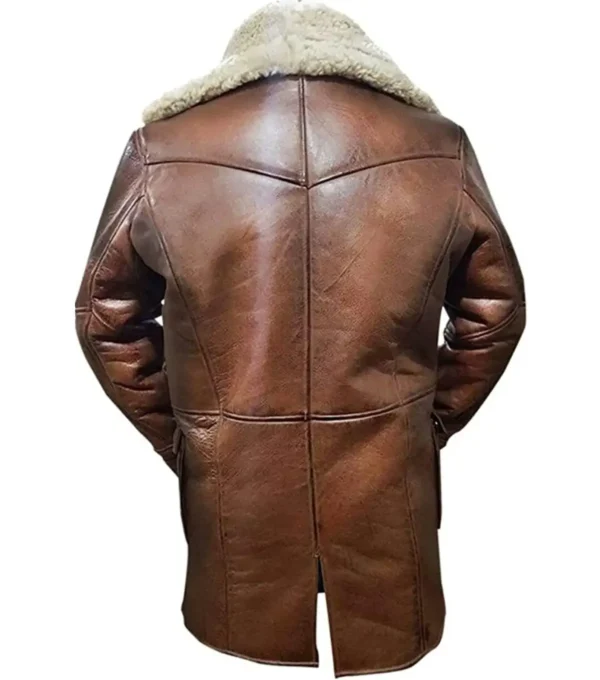 Renlor Brown Shearling Lined Button Closure Leather Coat Back