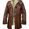 Renlor Brown Shearling Lined Button Closure Leather Coat Front
