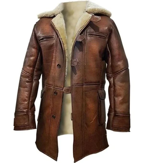 Renlor Brown Shearling Lined Button Closure Leather Coat Front