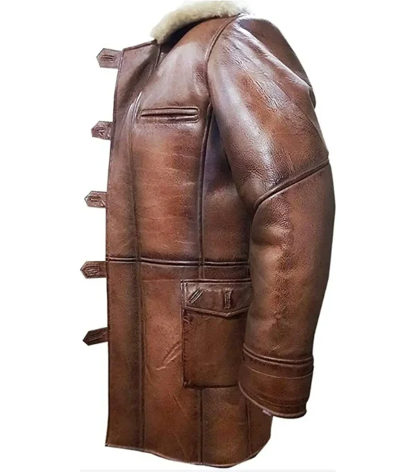 Renlor Brown Shearling Lined Button Closure Leather Coat Side Look