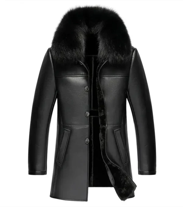 Rhegon Fur Collar Black Leather Coat