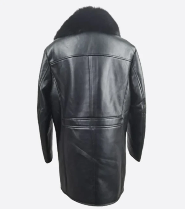 Rhegon Fur Collar Black Leather Coat Back