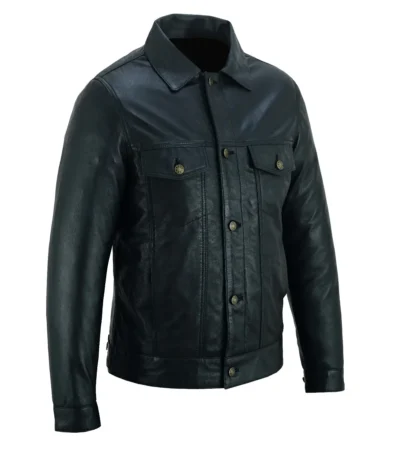 Steele Blackout Leather Trucker Jacket Side Look