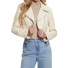 Sylvara Beige Crop Leather Biker Jacket