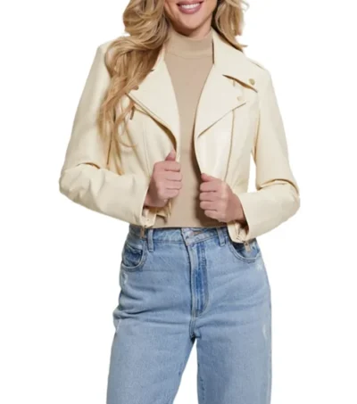 Sylvara Beige Crop Leather Biker Jacket
