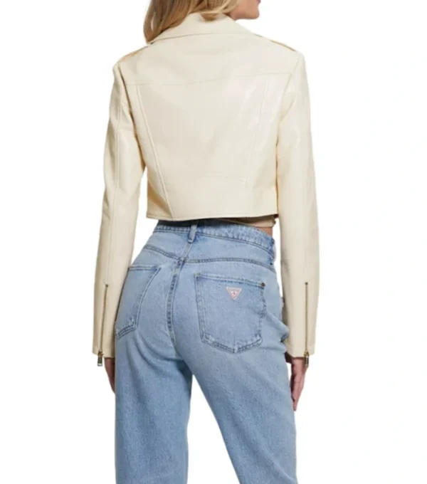 Sylvara Beige Crop Leather Biker Jacket Back