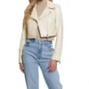 Sylvara Beige Crop Leather Biker Jacket Front