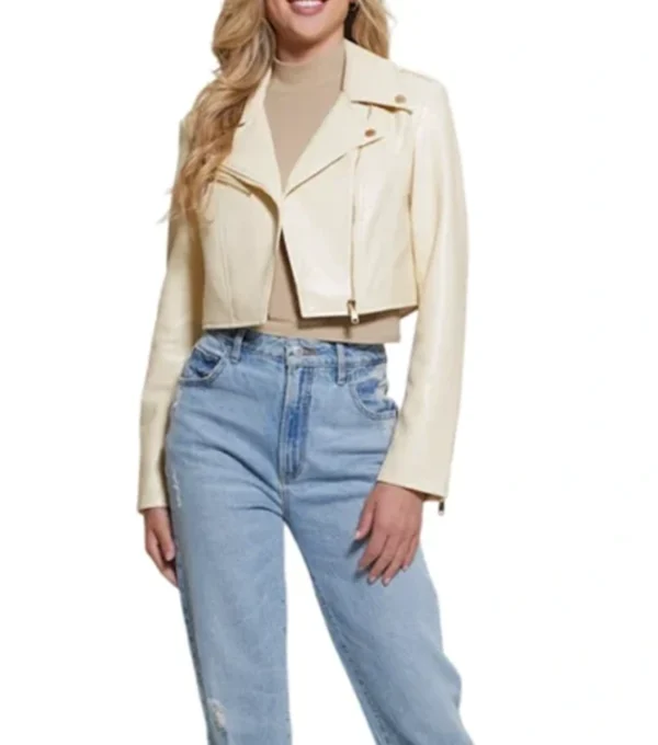 Sylvara Beige Crop Leather Biker Jacket Front
