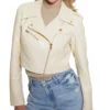 Sylvara Beige Crop Leather Biker Jacket on Sale
