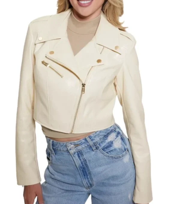 Sylvara Beige Crop Leather Biker Jacket on Sale