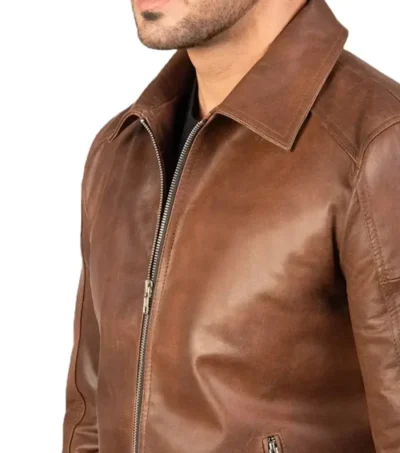 Tavesso Brown Classic Leather Zipper Jacket Closer