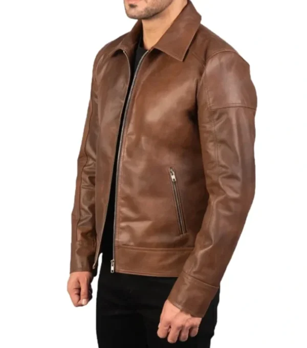 Tavesso Brown Classic Leather Zipper Jacket Side Look
