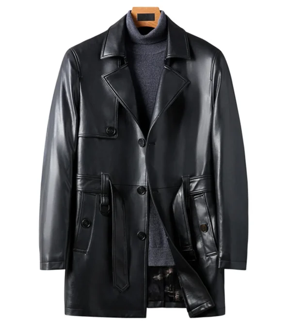 Valmor Black Belted Full Length Leather Coat Front