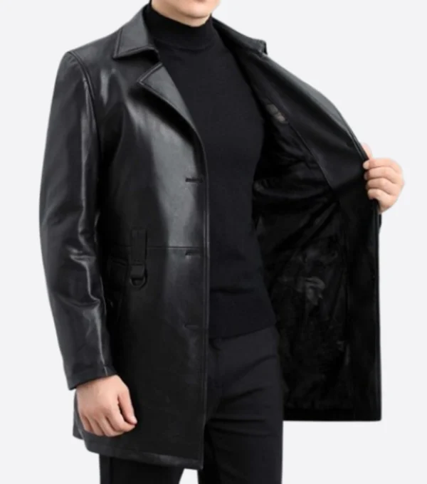 Valmor Black Belted Full Length Leather Coat Inner