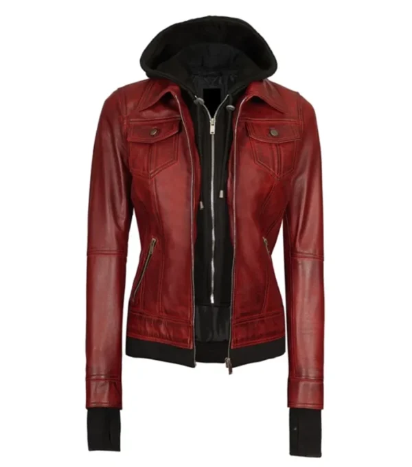 Velmira Red Cherry Trucker Style with Black Hoodie Jacket