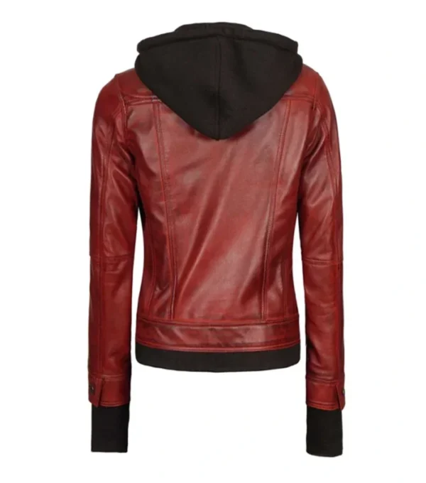 Velmira Red Cherry Trucker Style with Black Hoodie Jacket Back