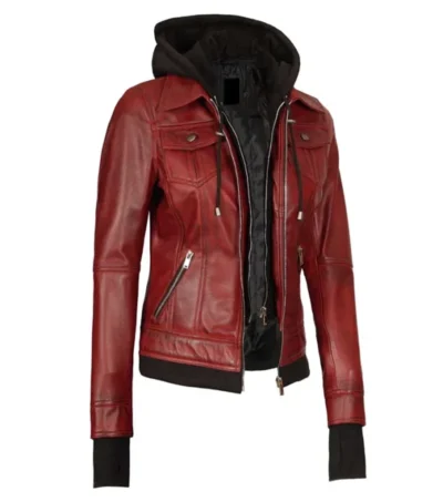 Velmira Red Cherry Trucker Style with Black Hoodie Jacket Side Look