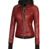 Velmira Red Cherry Trucker Style with Black Hoodie Jacket on Sale