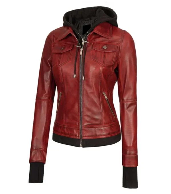 Velmira Red Cherry Trucker Style with Black Hoodie Jacket on Sale