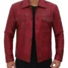 Vexton Red Trucker Style Leather Button Jacket