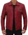 Vexton Red Trucker Style Leather Button Jacket