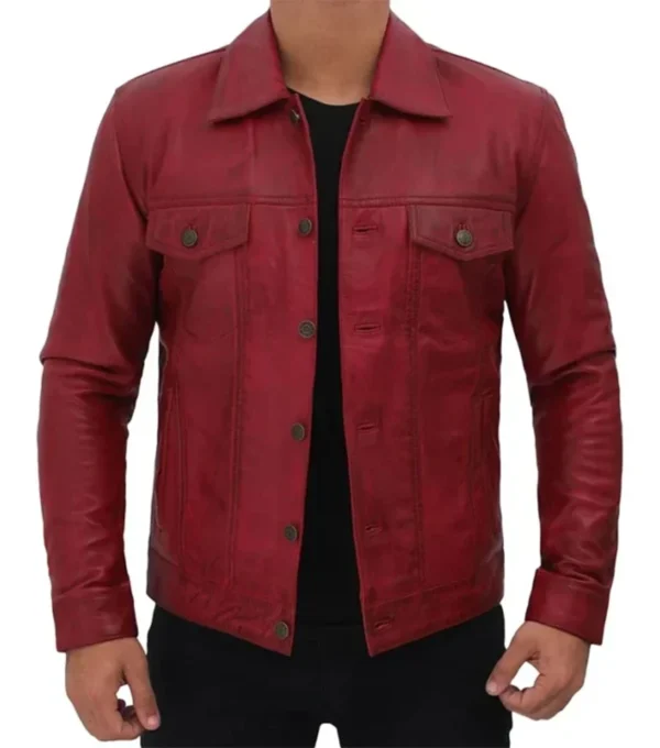 Vexton Red Trucker Style Leather Button Jacket