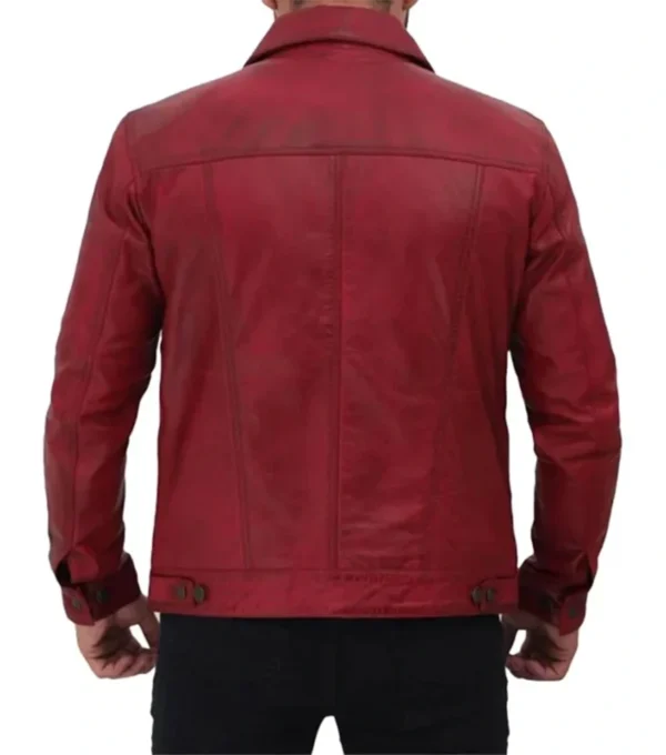Vexton Red Trucker Style Leather Button Jacket Back