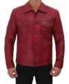 Vexton Red Trucker Style Leather Button Jacket Front