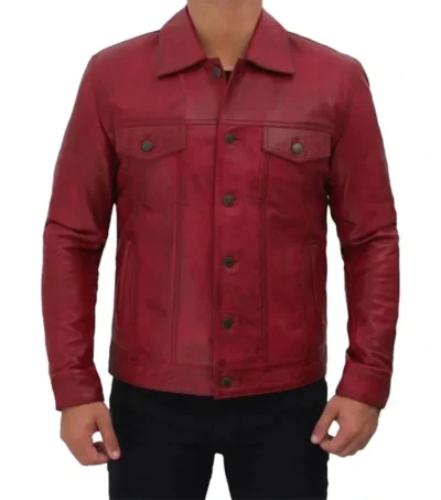 Vexton Red Trucker Style Leather Button Jacket Front