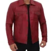 Vexton Red Trucker Style Leather Button Jacket Side Look