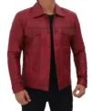 Vexton Red Trucker Style Leather Button Jacket Side Look