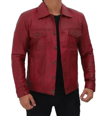 Vexton Red Trucker Style Leather Button Jacket Side Look