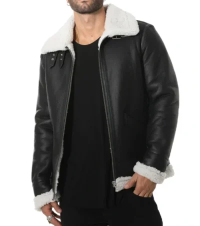 Vornic Black B3 Aviator with White Fur and Belted Collar Jacket