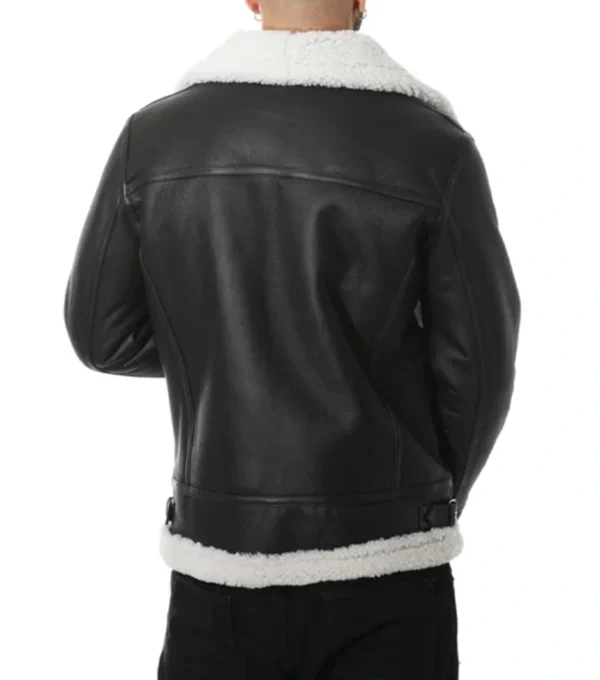 Vornic Black B3 Aviator with White Fur and Belted Collar Jacket Back