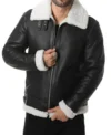 Vornic Black B3 Aviator with White Fur and Belted Collar Jacket Front