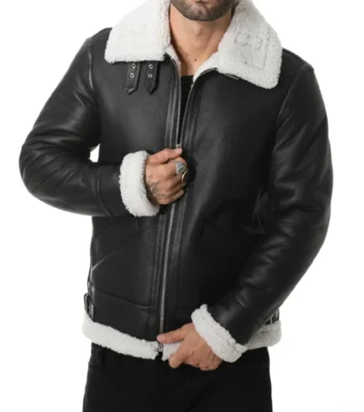 Vornic Black B3 Aviator with White Fur and Belted Collar Jacket Front