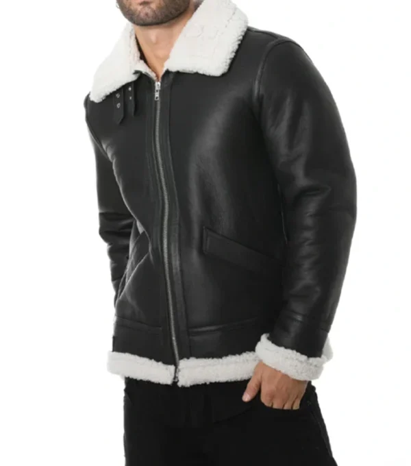 Vornic Black B3 Aviator with White Fur and Belted Collar Jacket on Sale