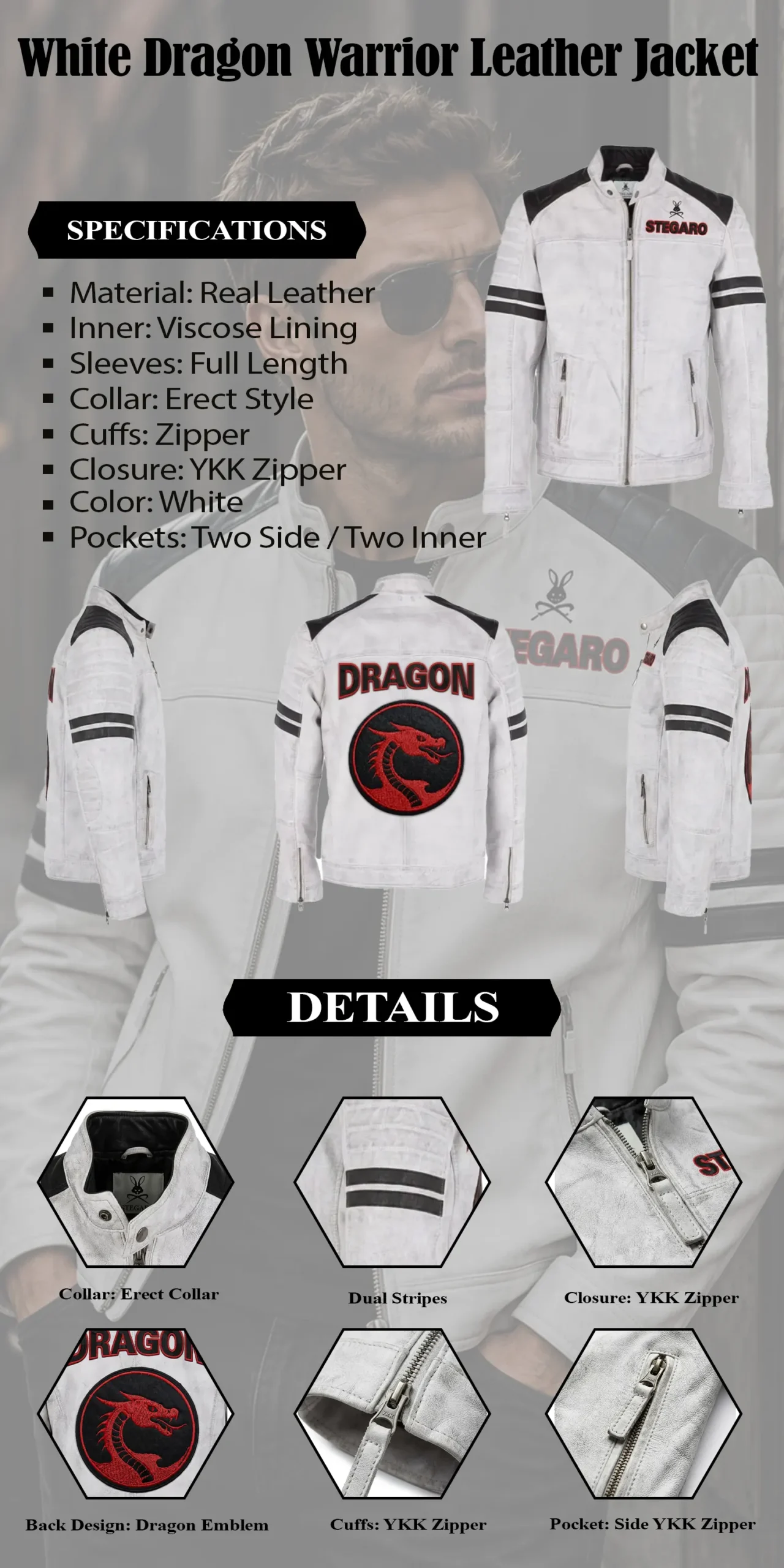 White Dragon Warrior Leather Jacket infograph