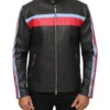 Zarkelo Black Leather with Red and Blue Striped Jacket Front