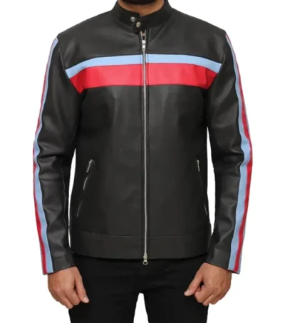Zarkelo Black Leather with Red and Blue Striped Jacket Front