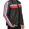 Zarkelo Black Leather with Red and Blue Striped Jacket Side Look