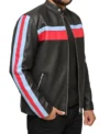 Zarkelo Black Leather with Red and Blue Striped Jacket Side Look