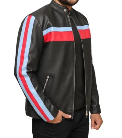 Zarkelo Black Leather with Red and Blue Striped Jacket Side Look