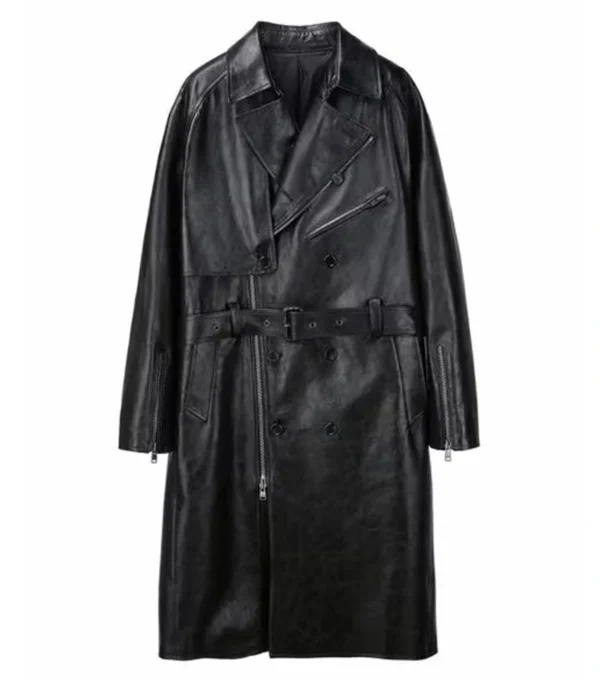 Zayker Double Breasted Long Leather Trench Coat