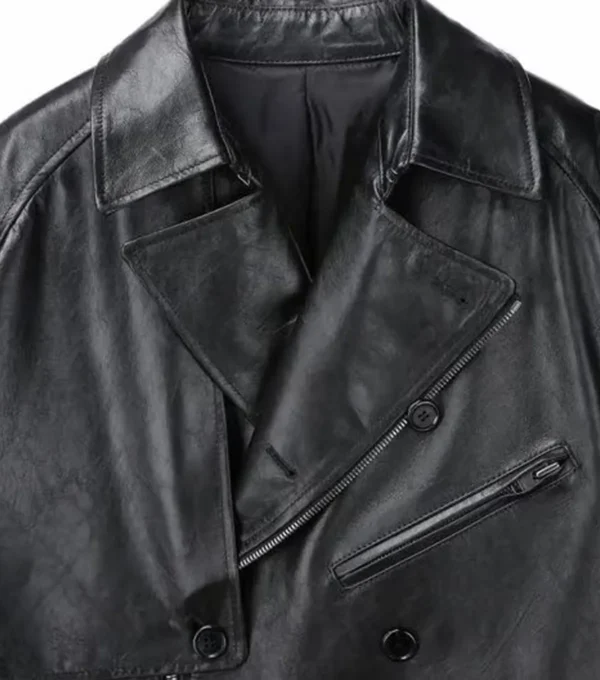 Zayker Double Breasted Long Leather Trench Coat Front